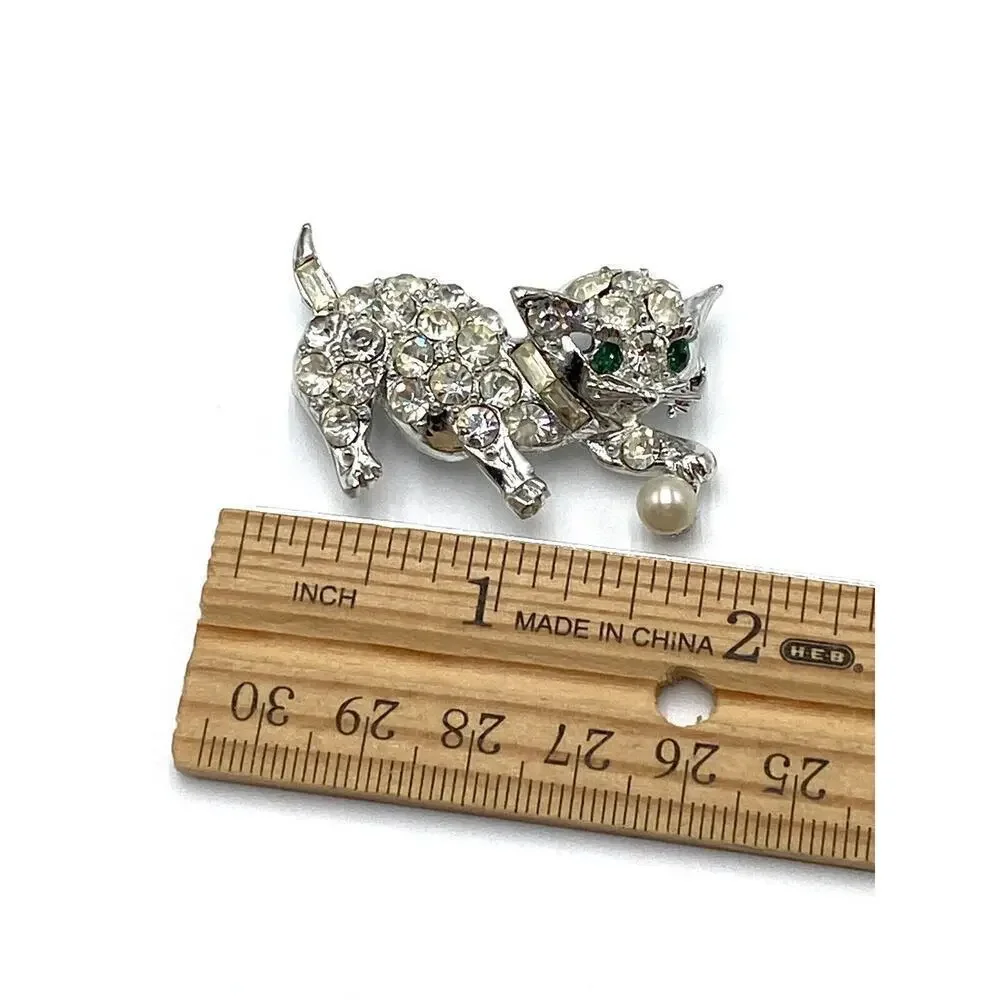 PELL Vintage Brooch Cat Playing Ball Crystals Silver Tone Green Eyes Faux Pearl